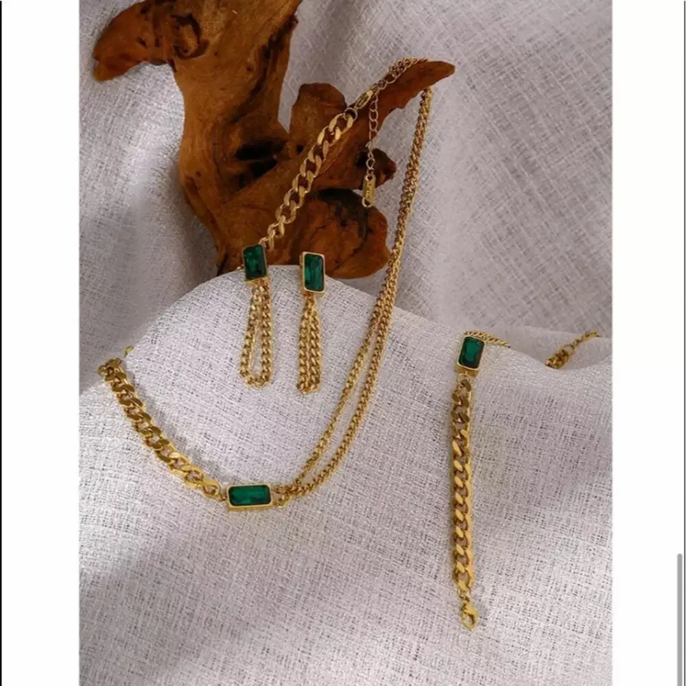 Emerald Green Gold Zircon Matching Chain Link Necklace Bracelet Earrings Set